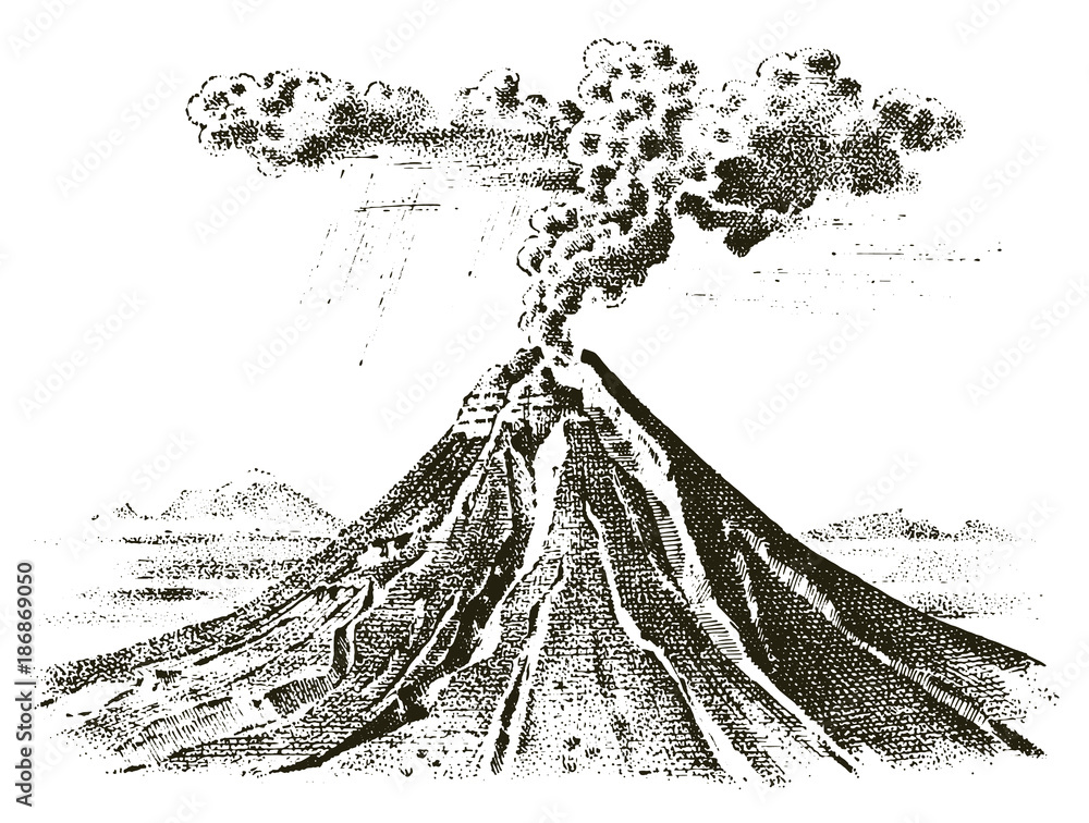 volcano activity with magma, smoke before the eruption and lava or nature disaster. for travel, adventure. mountain landscapes. engraved hand drawn in old sketch, vintage style.
