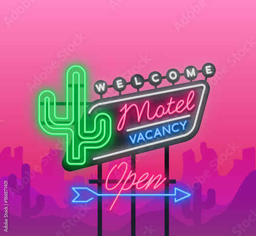 Motel is a light billboard. Neon signboard with Motel advertisement, retro signboard, bright luminous banner, neon sign, neon billboard for your projects. Vector illustration