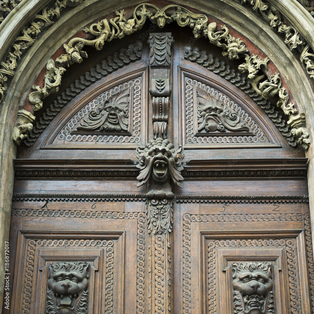 Carvings on wooden door, Prague, Czech Republic