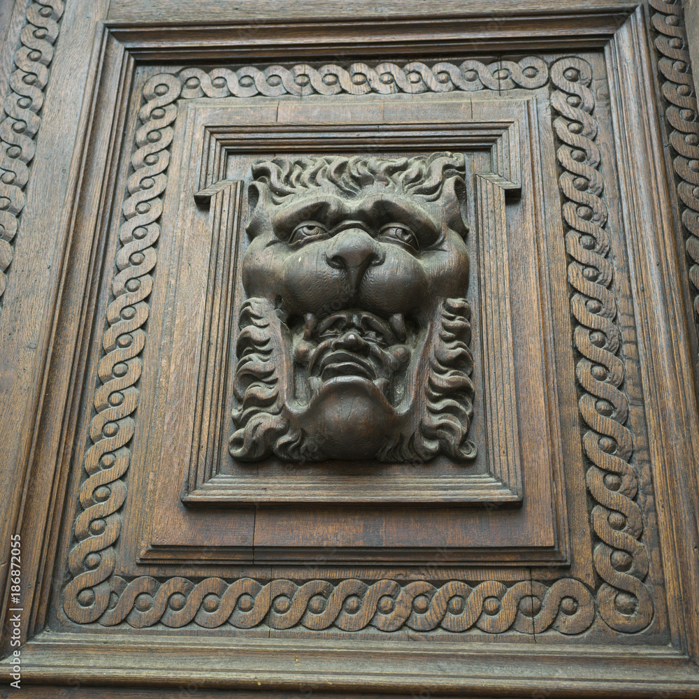 Close-up of carvings on wooden door, Prague, Czech Republic