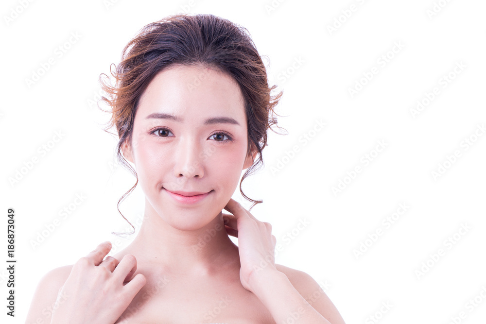 Beautiful Asian Woman Portrait. Beautiful Woman looking to camera. Korean Woman Touching her Face. People with Youth and Skin Care Concept. isolated on white background. Beautiful Asian Woman Portrait. Beautiful Woman looking to camera. Korean Woman Touching her Face. People with Youth and Skin Care Concept. isolated on white background.