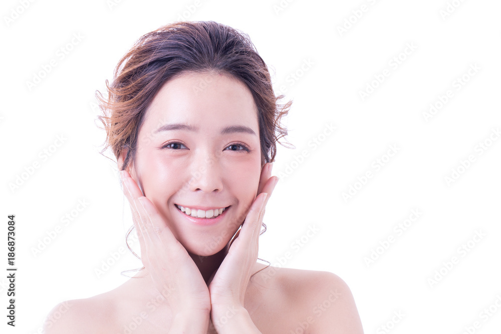 Beautiful Asian Woman Portrait. Beautiful Woman looking to camera. Korean Woman Touching her Face. People with Youth and Skin Care Concept. isolated on white background. Beautiful Asian Woman Portrait. Beautiful Woman looking to camera. Korean Woman Touching her Face. People with Youth and Skin Care Concept. isolated on white background.