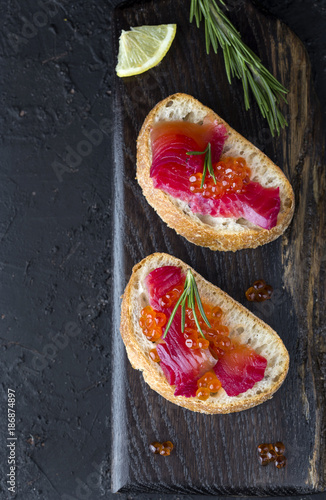 ciabatta with beet Gravlax salmon with caviar