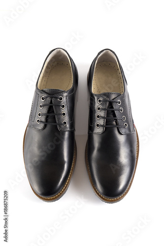 Male black leather shoe on white background, isolated product, comfortable footwear.