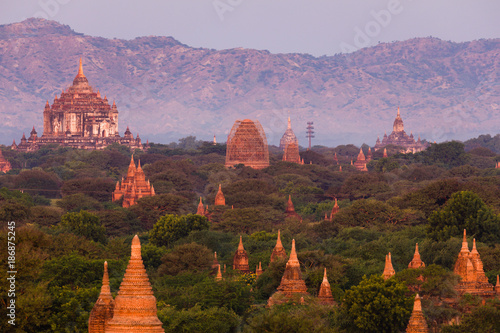 The temples and pagodas of Bagan, Myanmar near Mandalay during sunset
