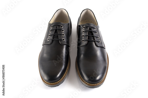 Male black leather shoe on white background, isolated product, comfortable footwear.