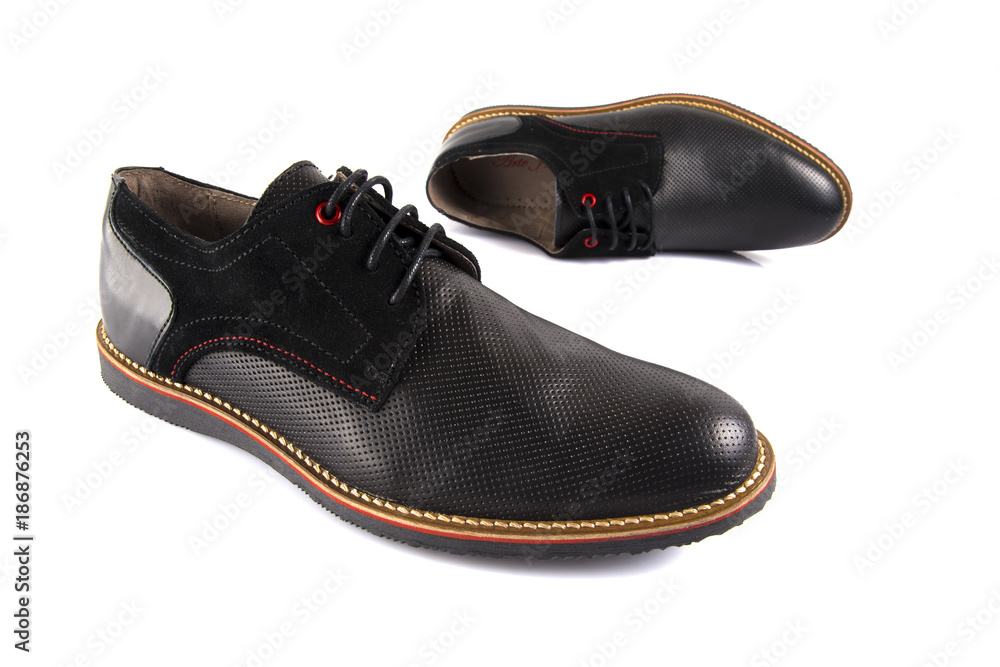 Male black leather shoe on white background, isolated product, comfortable footwear. Male black leather shoe on white background, isolated product, comfortable footwear.