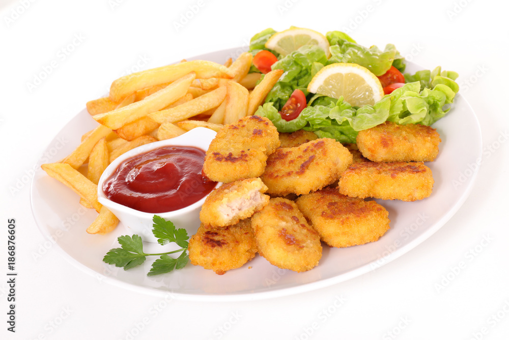 fried chicken,ketchup and french fries fried chicken,ketchup and french fries