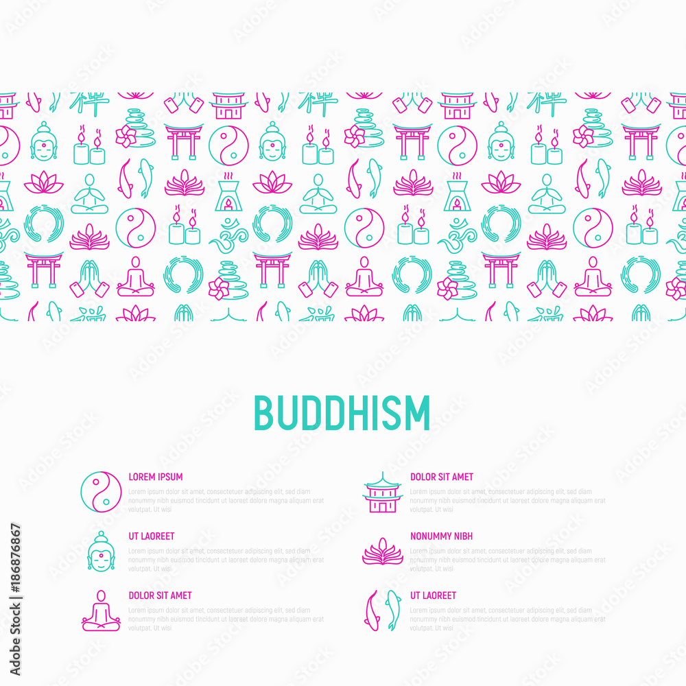 Buddhism concept with thin line icons: yoga, meditation, Buddha, Yin-Yang, candles, Aum letter, aromatherapy, pagoda, temple. Modern vector illustration for web page template. Buddhism concept with thin line icons: yoga, meditation, Buddha, Yin-Yang, candles, Aum letter, aromatherapy, pagoda, temple. Modern vector illustration for web page template.
