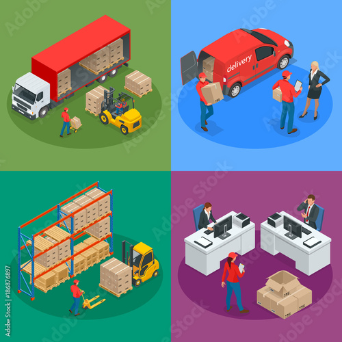 Isometric Logistics and Delivery concept. Delivery home and office. City logistics. Warehouse, truck, forklift, courier and delivery man.