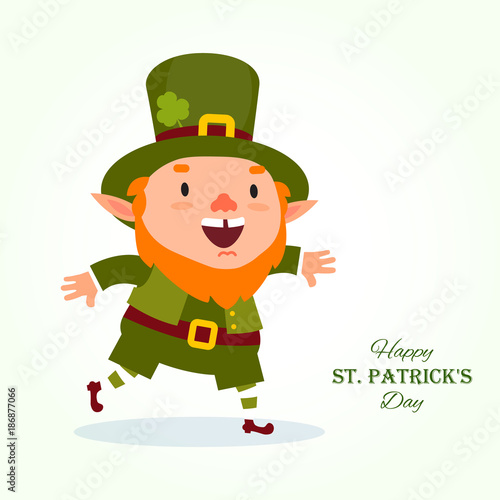 St.Patrick 's Day. Leprechaun hurries to a holiday or a sale. Isolated on white background