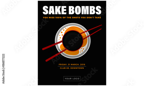 Sake Bomb Party Poster Concept. Vector illustration of shot glass, chopsticks and beer glass.