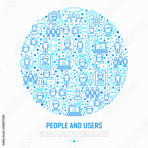 People and users concept in circle with thin line icons: management, communication, human resouses, teamwork, candidate. Modern vector illustration, web page template.
