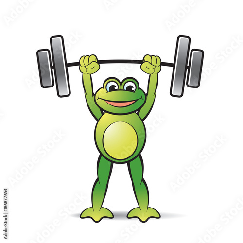 frog cartoon or mascot lifting weight happily vector illustration