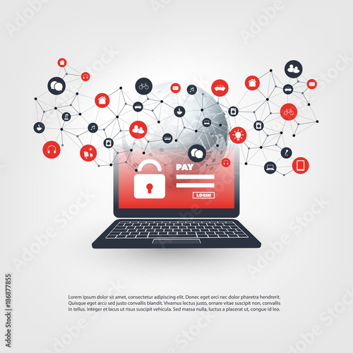 Global Network Vulnerability, Locked Device, Encrypted Files, Lost Documents, Ransomware, Virus, Malware, Fraud, Spam, Phishing, Email Scam, Hacker Attack - IT Security Concept, Vector illustration