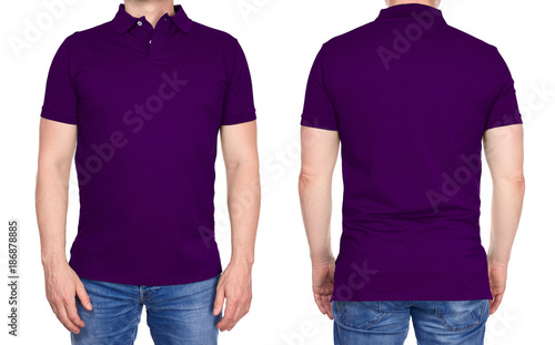 T-shirt design - young man in blank purple polo shirt from front and rear isolated