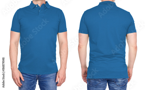 T-shirt design - young man in blank light blue polo shirt from front and rear isolated