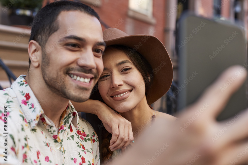 Couple Posing For Selfie On Street In New York City Couple Posing For Selfie On Street In New York City