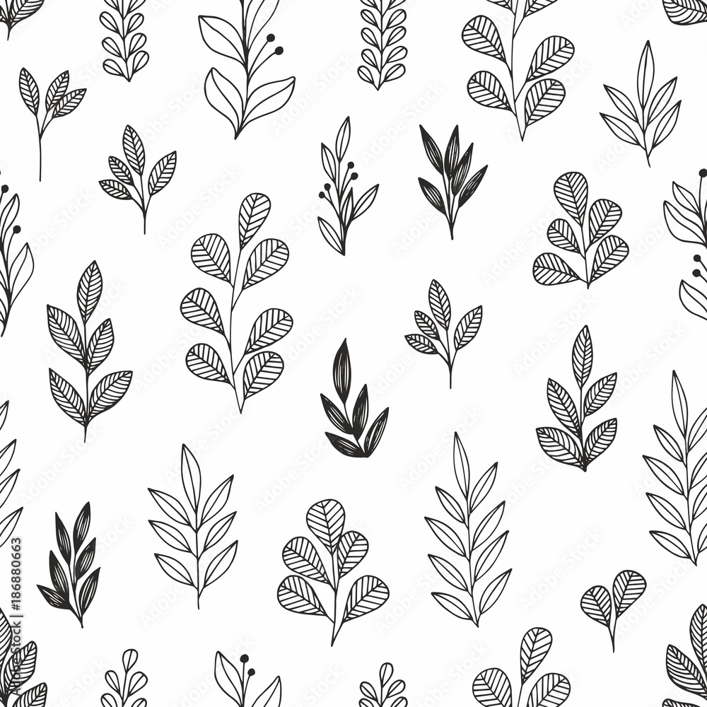 Stylized flowers and branches. Vector linear seamless pattern for design Stylized flowers and branches. Vector linear seamless pattern for design