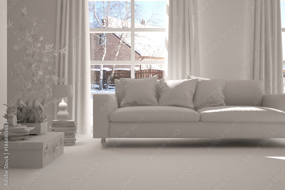 White room with sofa. Scandinavian interior design. 3D illustration