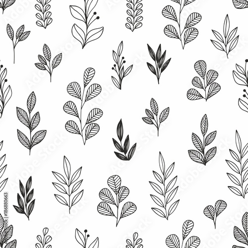 Stylized flowers and branches. Vector linear seamless pattern for design