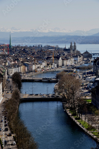 panoramic view of the old city of Zürich with Limmat-river, the Lake and mountains | Panorama der Altstadt Zürich, der Limmat, des Zürichsees  und der Berge vom Mariott Hotel photo