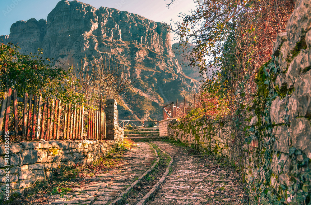 Obraz premium traditional stone alley in Megalo papingo.Papingo is a picturesque village in the prefecture of Ioannina, built on the slopes of Tymfi mountain.