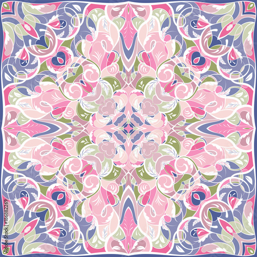 Delicate color pattern in Oriental style. Square ornament for shawls, scarves or pillow. Can be used for printing onto fabric or paper. Vector illustration.