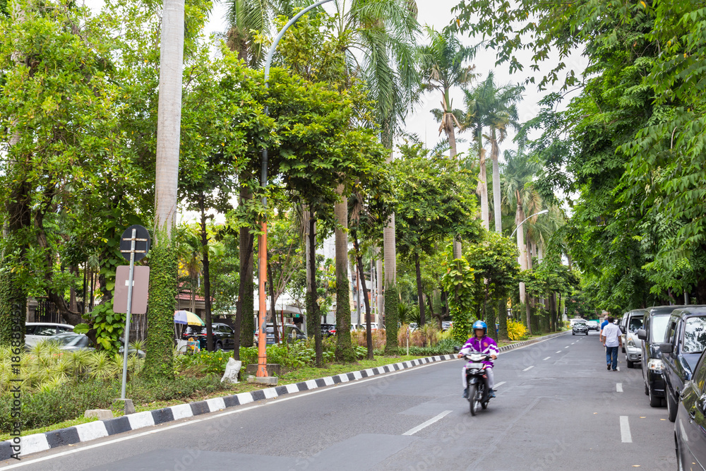 Naklejka premium Street view with the green street of Surabya city in Indoensia
