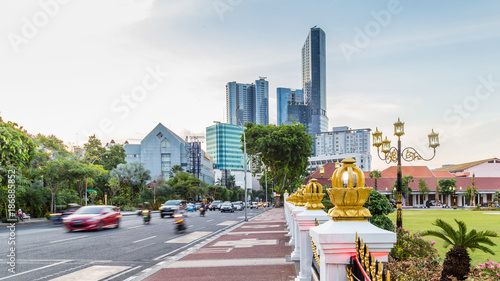 Fotografie Cityscape with gate Gedung Negara Grahadi building in Surabaya, East Java , Indo