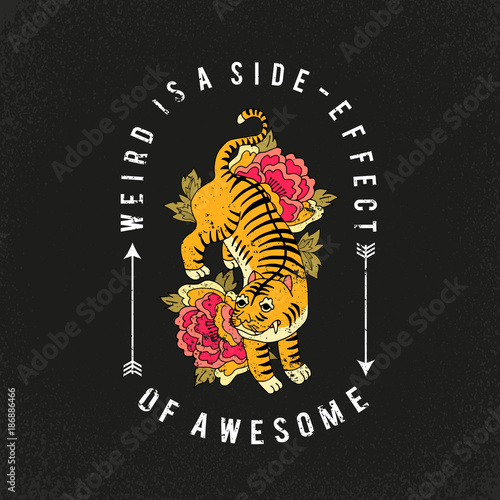 Leopard with flowers. Awesome slogan. Typography graphic print, fashion drawing for t-shirt. Vector stickers,print, patches vintage rock style