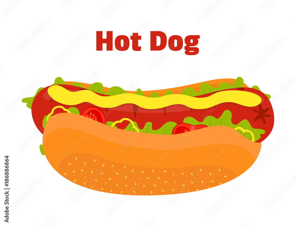 Fast food - hot dog, sausage, bun, mustard, ketchup, vegetables. Vector Fast food - hot dog, sausage, bun, mustard, ketchup, vegetables. Vector