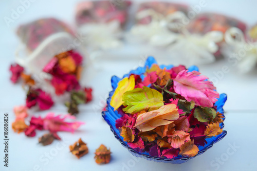 Potpourri is a mixture of dried, naturally fragrant plant material, used to provide a gentle natural scent 
