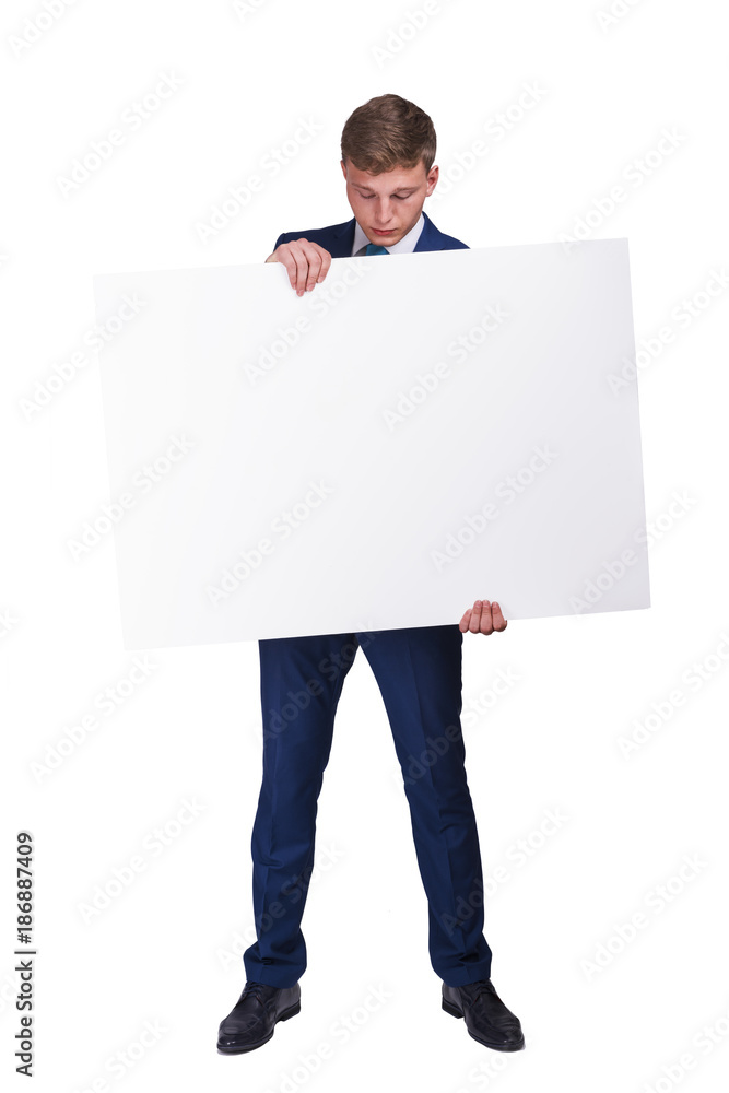 Businessman in blue siut holding blank banner board, isolated over white background. Businessman in blue siut holding blank banner board, isolated over white background.