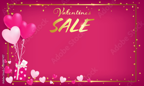 pink board with gold border and valentine's day sale text ,golden heart glitter drop beside border ,balloons tie to gift box, artwork usage in advertising decorative or cerebrate invitation.