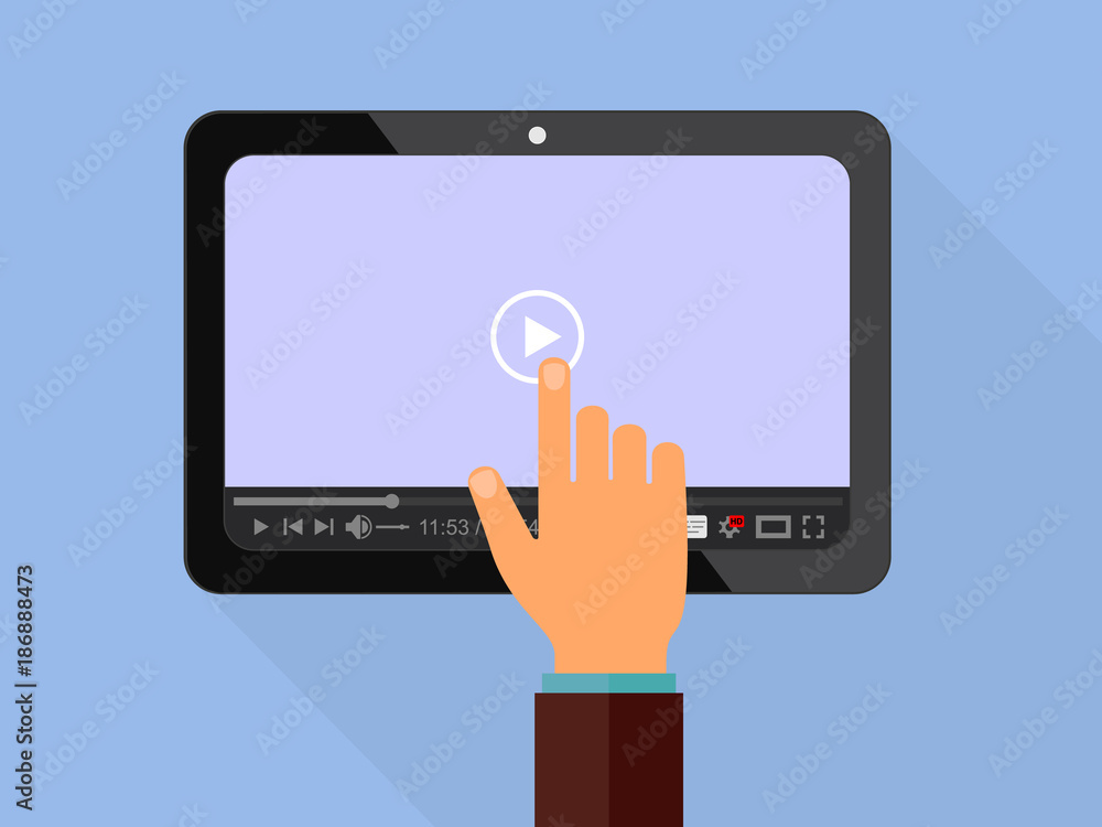 Digital tablet with touchscreen display of video player interface for web and mobile apps. Digital tablet with touchscreen display of video player interface for web and mobile apps.