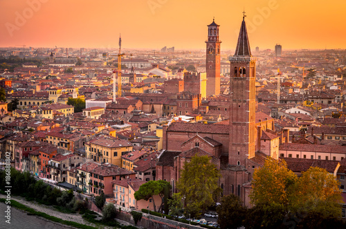 Beautiful sunset aerial view of Verona, Veneto region, Italy.