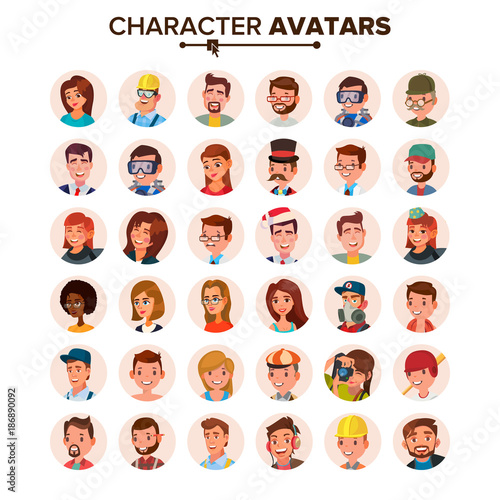 People Avatars Set Vector. Face, Emotions. Default Character Avatar Placeholder. Flat, Cartoon, Comic Art Flat Isolated Illustration