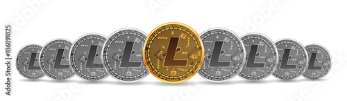 Set of mixed gold and silver crypto currency coins with litecoin symbol on obverse isolated on white background. Vector illustration. Use for logos, print products, page and web decor or other design.