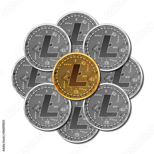 Set of mixed gold and silver crypto currency coins with litecoin symbol on obverse isolated on white background. Vector illustration. Use for logos, print products, page and web decor or other design.