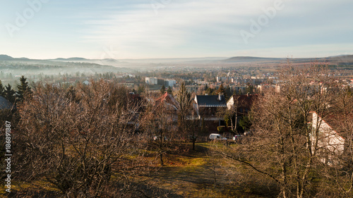 cloudy misty morning sunbeam in Budakeszi, Hungary, fall weather in January