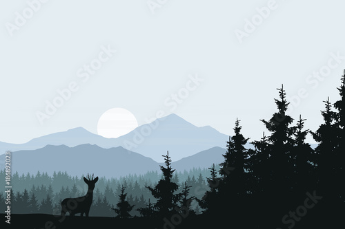 vector illustration of mountain landscape with forest and deer