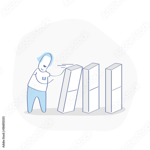 Domino effect, chain reaction business solution. Cute man dropping or  pushing domino pieces, flat outline modern vector illustration concept. Risk or crisis metaphor UI illustration.