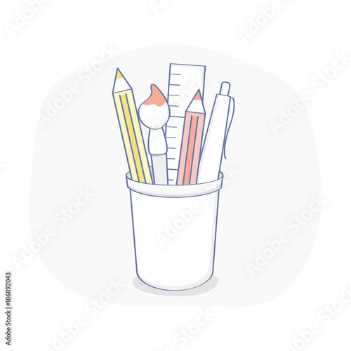 Office supplies, holder cup, group of pencil pen, brush and ruler in a white cup on white background. Minimal creative style icon concept.