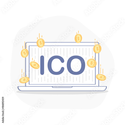 ICO Initial Coin Offering campaign on a screen of laptop with falling gold coins. New technology, blockchain startup, crowdfunding template. Flat outline business line vector illustration.
