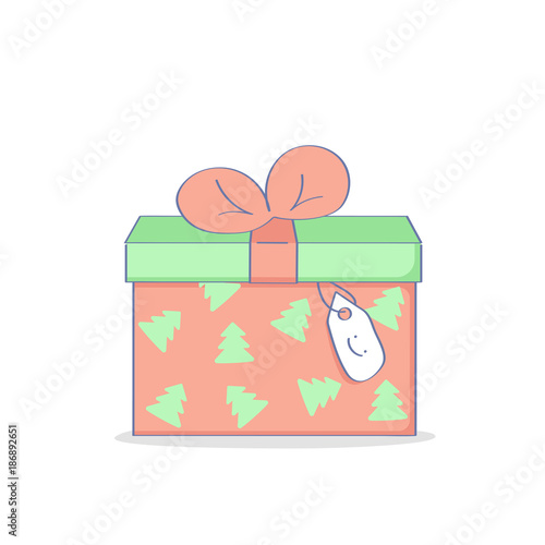 New Year or Christmas gift, present box, flat outline vector illustration icon concept.