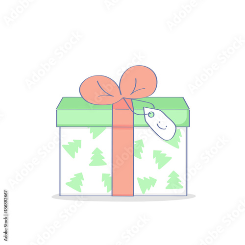 New Year or Christmas gift, present box, flat outline vector illustration icon concept.