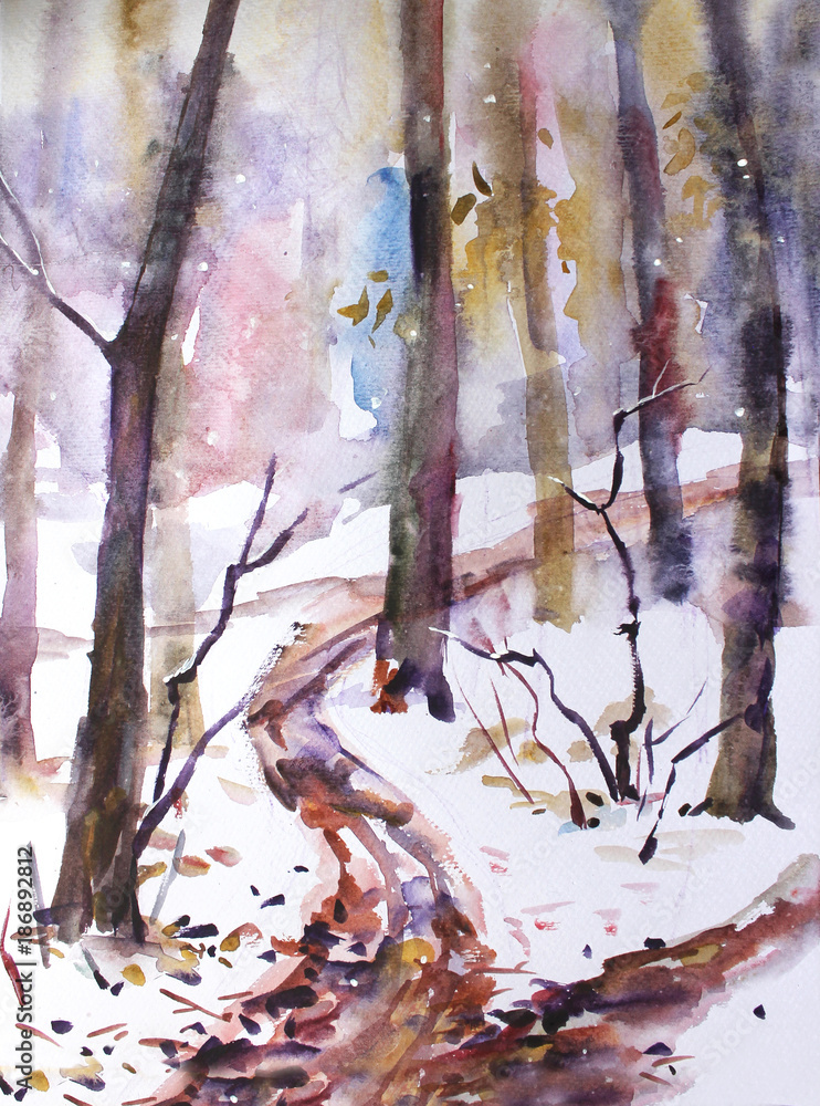 Obraz Akwarela krajobraz. W lesie spadł pierwszy śnieg
