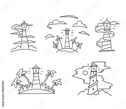 lighthouse in the clouds fog beacon seamark Islands and palm ocean illustration sea tourism adventure. Hand drawn vector stock illustration.