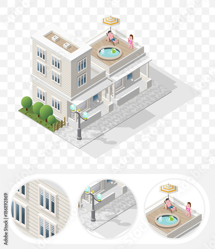 Isometric High Quality City Element with 45 Degrees Shadows on Transparent Background . Residential